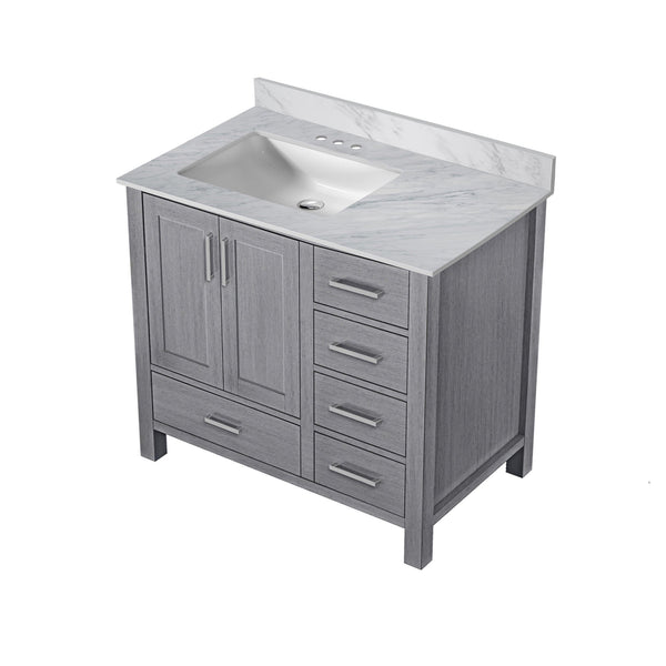English Elm Distressed Grey Bath Vanity With Carrara Marble Top - 36 In. W, Soft-Close Drawers, Timeless Design B2731P258840