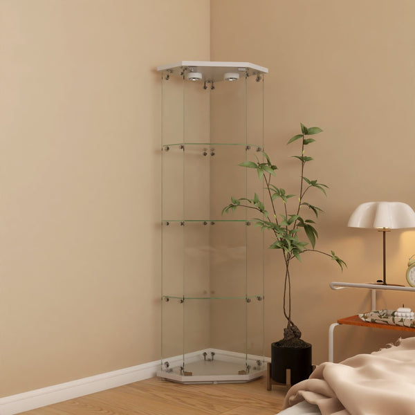 English Elm Lighted Corner Display Cabinet Four Tempered Glass Shelves Led Lit Living Room Tower White W1510P436490