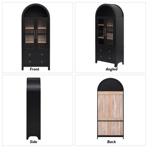 English Elm K&K 71" Arched Kitchen Pantry Cabinet with Glass Doors, Adjustable Shelves, Soft-Close Drawers Black N707P288972B