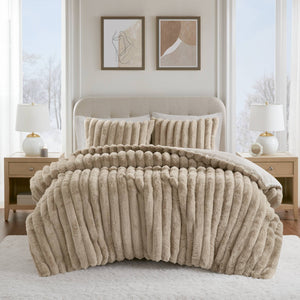 JLA Home Madison Park - Ultrasoft Plush Ribbed Faux Fur Comforter Set with Crystal Velvet Backing, Oeko‑Tex Certified Luxury Taupe MP10-8441