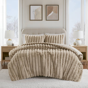 JLA Home Madison Park - Ultrasoft Faux Fur Ribbed Comforter Set reinvents your bedroom with plush velvet reverse, Oeko‑Tex safety and lasting loft Taupe MP10-8440