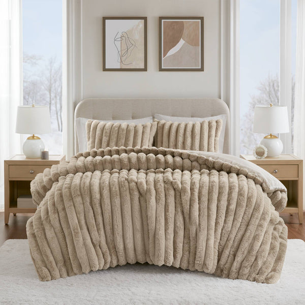 JLA Home Madison Park - Ultrasoft Faux Fur Ribbed Comforter Set reinvents your bedroom with plush velvet reverse, Oeko‑Tex safety and lasting loft Taupe MP10-8440