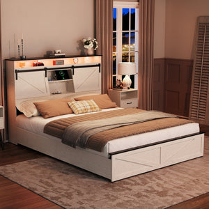 English Elm Farmhouse Full Size Bed Frame With Storage Headboard, Charging Station, Led Lights & Drawers, White W1550P343685