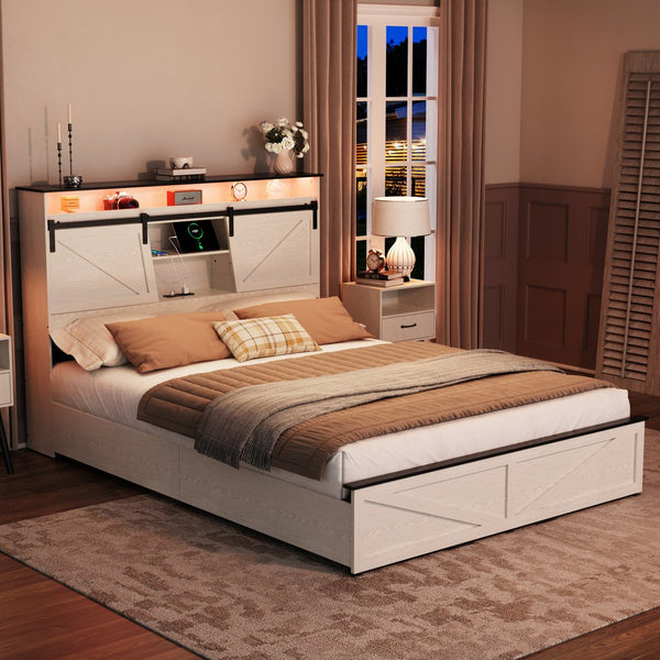 English Elm Farmhouse Queen Size Bed Frame With Storage, Charging Station, Led Lights & Underbed Drawers, White W1550P343686