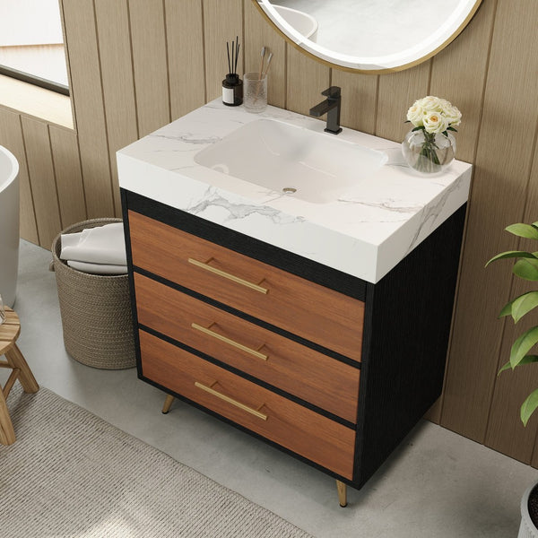 English Elm Modern Freestanding Vanity with Vessel Sink Sintered Stone Top and Gold Steel Legs W3136S00053