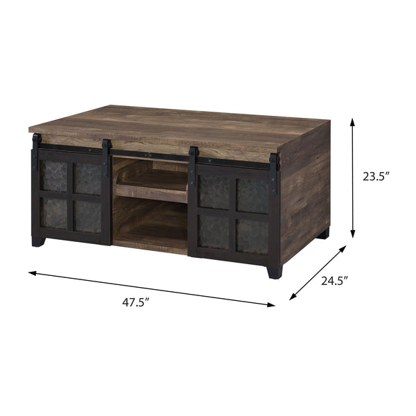 English Elm Rustic Oak and Black Coffee Table with Glass Sliding Barn Doors, Hidden Storage Compartments, 47.5" wide B062P181396