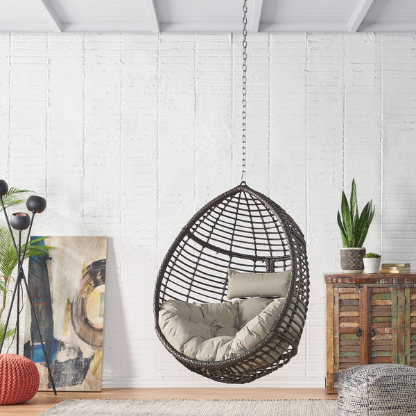 English Elm Christopher Knight Home® - MORRIS Teardrop Hanging Chair with 8ft Chain — Durable Woven Rattan, Water‑Resistant Cushions, Cozy Lounge Khaki+Brown 70773.00KHAKMULBRN