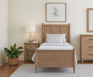 English Elm Mindi Twin Bed with Mindi Veneer Panel Headboard, Tapered Legs, Durable Solid Wood Frame, Calm Finish Sand 58 L x 47 W x 6 H B2699S00085