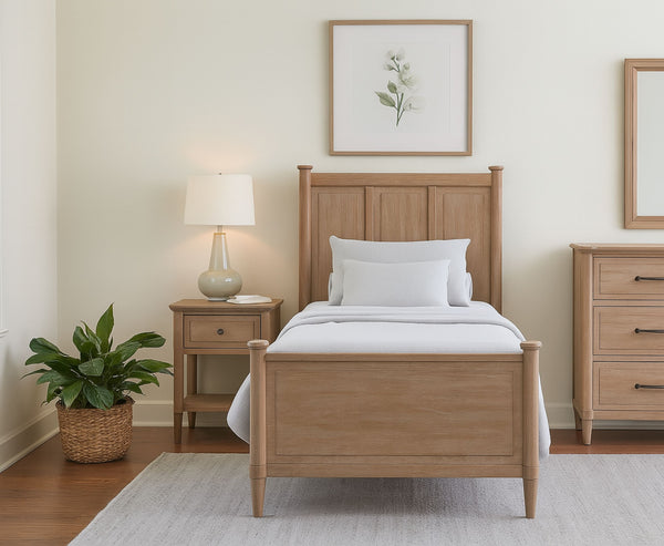 English Elm Mindi Twin Bed with Mindi Veneer Panel Headboard, Tapered Legs, Durable Solid Wood Frame, Calm Finish Sand 58 L x 47 W x 6 H B2699S00085