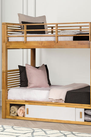 English Elm Twin Over Twin Bunk Bed In Light Oak Finish With Storage, Reversible Ladder & Versatile Design B2741S00317-GIGA