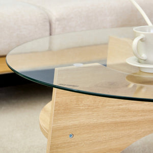 English Elm Round Tempered Glass Coffee Table with Fan Pedestal Base for Modern Living Rooms Natural Wood,Transparent W1151P256001