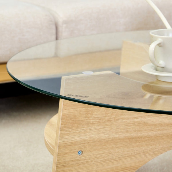 English Elm Round Tempered Glass Coffee Table with Fan Pedestal Base for Modern Living Rooms Natural Wood,Transparent W1151P256001