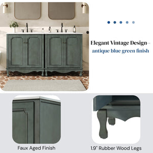 English Elm Christopher Knight Home® - 60" Retro Double Sink Bathroom Vanity Set with Soft-Close Doors, Adjustable Shelves, Rubberwood Legs Antique blue green,Teal N817P245317B