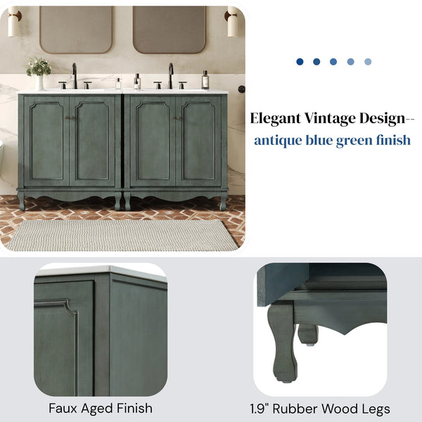 English Elm Christopher Knight Home® - 60" Retro Double Sink Bathroom Vanity Set with Soft-Close Doors, Adjustable Shelves, Rubberwood Legs Antique blue green,Teal N817P245317B