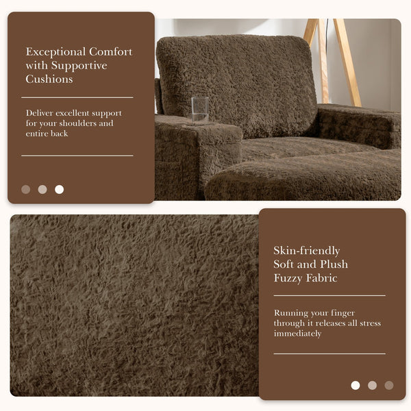 English Elm 42" Oversized Chaise Lounge with Plush Faux Rabbit Fur, Hidden Arm Storage, Cup Holder, Convertible Sleeper Brown N723P232726D