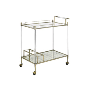 English Elm Cirro Antique Brass & Mirror Serving Cart with Tempered Glass Shelves, Wine Holder, Casters Elegance B2726P255331