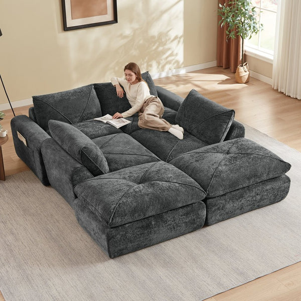 English Elm Modern Chenille Modular Sectional Sofa with Built-in Foot Pedals for Relaxed Living Dark Gray W3396S00075