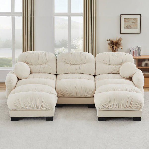English Elm Pleated Chenille U-shape Sectional Sofa with Ottomans Ergonomic Foam Curved Armrests Beige W5656S00042