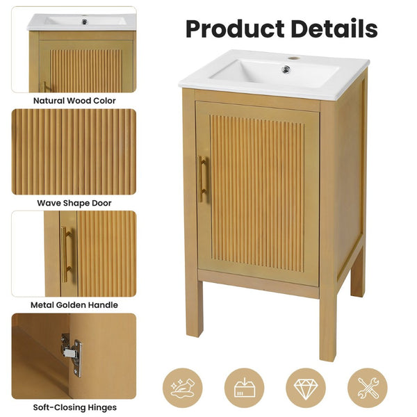 English Elm 18" Pine and Mdf Bathroom Vanity with Ceramic Basin Soft Close Hinged Cabinet N710P426321P