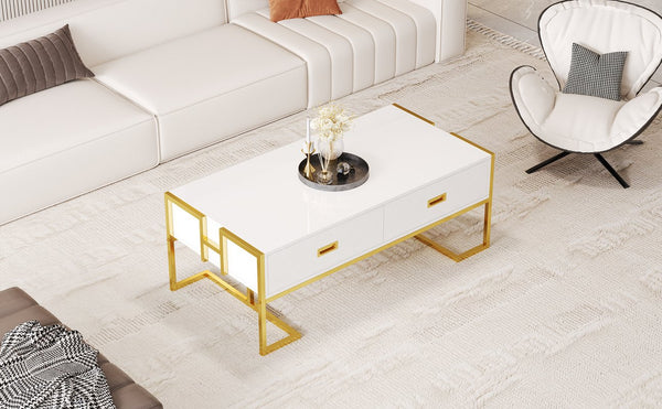 English Elm Modern 47.3" Rectangular Coffee Table with White MDF Top, Gold Metal Base & 4 Spacious Drawers, Luxe-functional Design N735P305626K
