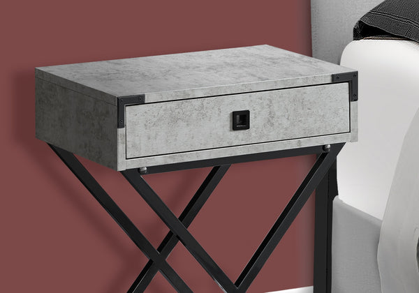 English Elm Accent Table Grey Laminate with Storage Drawer & Black Metal X Legs — Contemporary Retro Nightstand B2710P219332