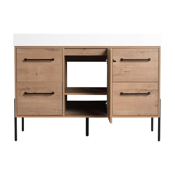 English Elm 48" Floating Bathroom Vanity Dual Ceramic Vessel Sinks Oak Finish Soft Close Doors W999S00527