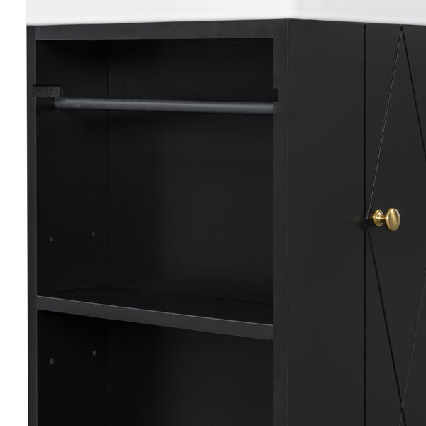 English Elm 20 Modern Wall-Mounted Bathroom Vanity with Ceramic Sink, Diamond Door, Gold Handles & Shelves — Compact Black N725P314033B