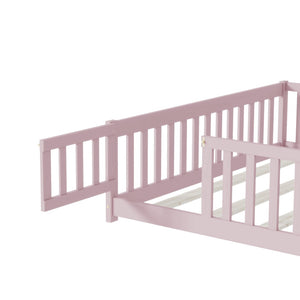 English Elm Queen Rubber Wood Floor Bed with Full Perimeter Safety Fence and Hinged Access Door Pink W504P429344