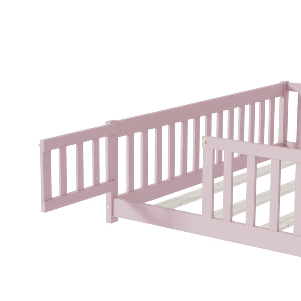English Elm Queen Rubber Wood Floor Bed with Full Perimeter Safety Fence and Hinged Access Door Pink W504P429344