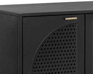 Sunpan Aziza Nightstand: Timeless Black Metal Frame with Brass Handles & Unique Arched Shelving Design