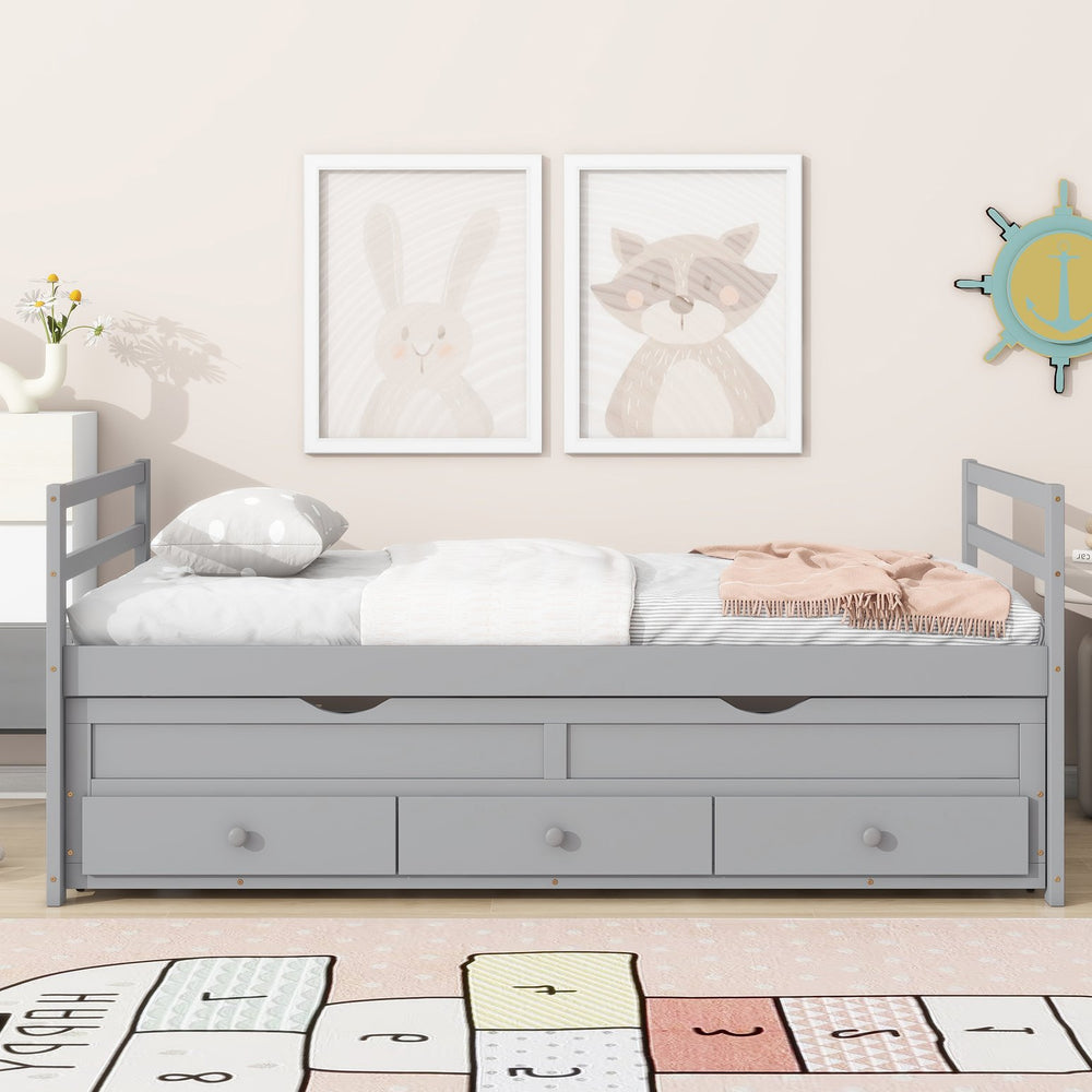 English Elm Twin Twin Size Bed with Trundle and Three Storage Drawers, Space-Saving Pine Frame with Classic Headboard Grey W504P197161