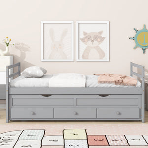 English Elm Twin Twin Size Bed with Trundle and Three Storage Drawers, Space-Saving Pine Frame with Classic Headboard Grey W504P197161