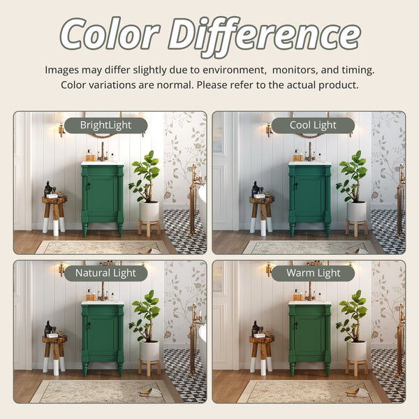 English Elm 18-Inch Modern Bathroom Vanity with Sink Compact Retro Design Durable MDF & Solid Wood Legs Storage-Friendly Green N710P257401F