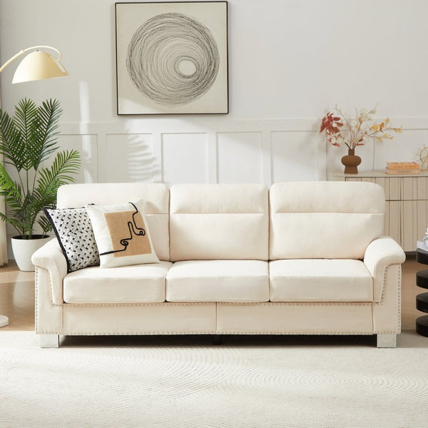 English Elm 82" Chesterfield Snowfleece Upholstered 3-seat Sofa Nailhead Trim Plush Living Room Beige W1359P386036