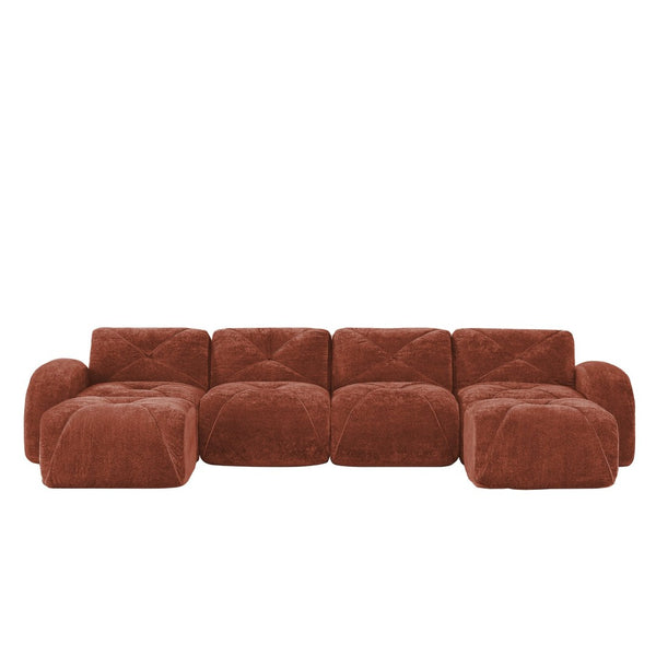 English Elm U-shaped Modular Velvet Sofa Tufted Cushions High Density Foam Living Room Sectional Red+Brown W714S01611