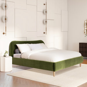 English Elm Roman Curved Headboard Upholstered Platform Bed, King, Olive Green Performance Velvet