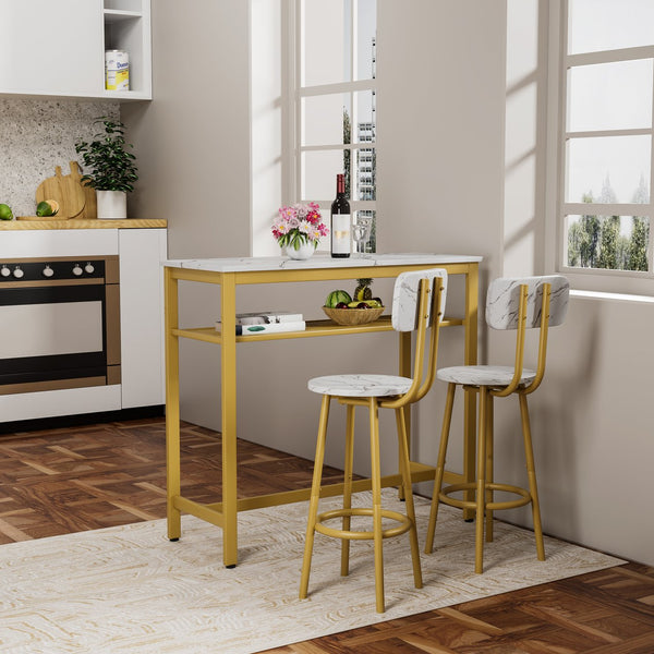 English Elm Dining 5-Piece Farmhouse Dinette Set with Sleek Metal Frame, Compact Mid-Century Table and 4 Chairs for Kitchen White+Gold W578P304320