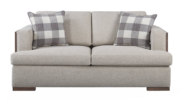 English Elm Niamey Two-Tone Fabric Loveseat with Walnut Legs, Reversible Foam Cushions & 2 Toss Pillows B2726P253091