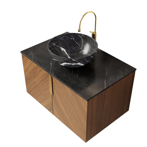 English Elm Arai 30" Floating Bathroom Vanity With Black Stone Countertop & Ceramic Basin, Elegant Oak Storage W2615S00261