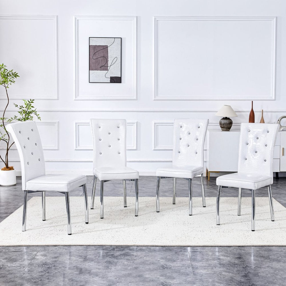 English Elm Set of 4 Glam Faux Leather Dining Chairs with Crystal Buckle and Gold Tone Legs White W3226P311054