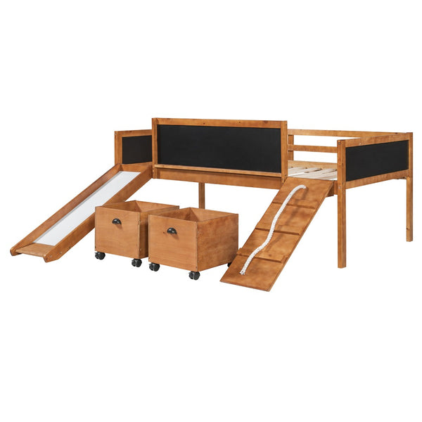 English Elm Twin Kids Loft Bed Solid Pine Frame with Slide Chalkboard and Climbing Rope Play Zone Natural N708P340493D
