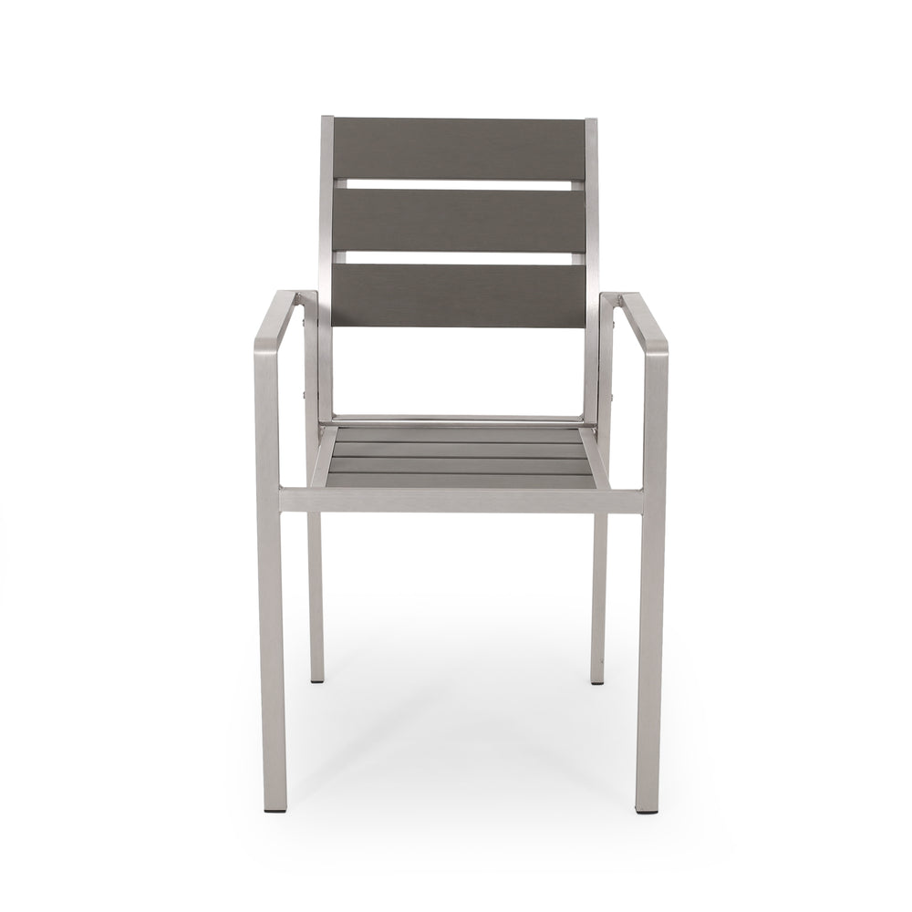 English Elm Christopher Knight Home® - Outdoor Modern Aluminum Dining Chair with Faux Wood Seat, Sleek Contemporary Patio Seating for Stylish Backyard Comfort and Durability Gray+Silver 67214.00GRY