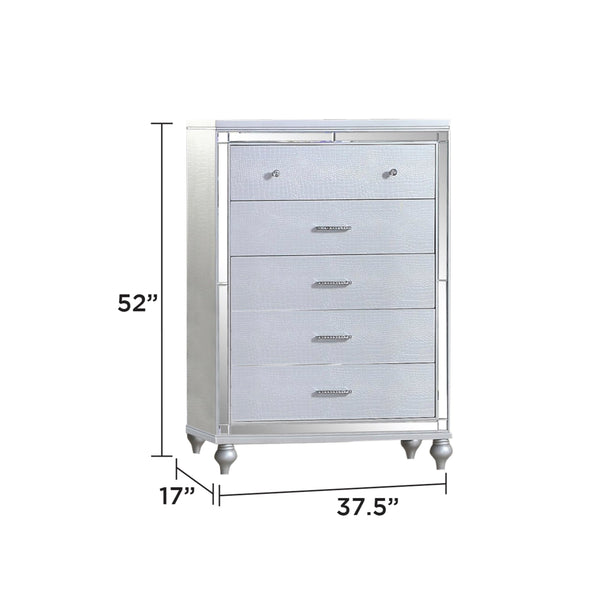 English Elm Sterling Mirrored 5-Drawer Chest in Silver Finish — Solid/Engineered Wood, Metallic Handles, Chic Legs G150108485