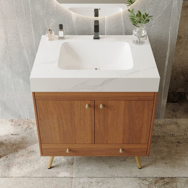 English Elm Mid-century Freestanding Bathroom Vanity with Marble Stone Top Gold Legs Storage W3136S00066