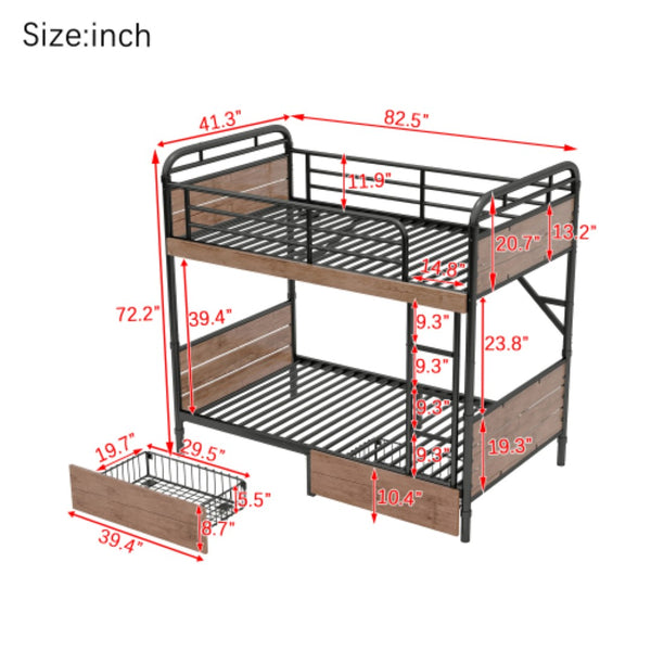 English Elm Twin Xl Metal Bunk Bed With Led Light & Charging Station, 2 Storage Drawers For Organized Living W2580S00048-GIGA