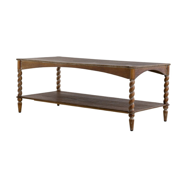 English Elm 47x22x18.5" Rustic Wood Coffee Table with Spiral Turned Legs and Open Storage Shelf W2078P460492