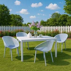 English Elm 2-Pack Modern Lounge Chairs and 55" Long Table Set - Weatherproof PP, Powder-Coated Metal, Ergonomic Comfort Light Baby Blue,White W3450S00005