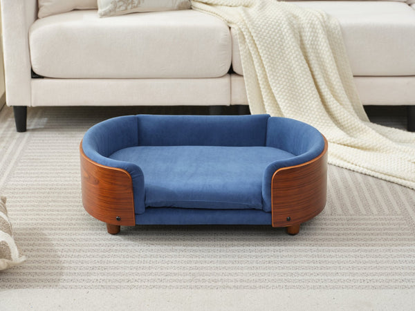 English Elm Scandinavian Mid-century Pet Sofa with Walnut Bentwood Back and Navy Velvet Cushion Dark Blue W794125941