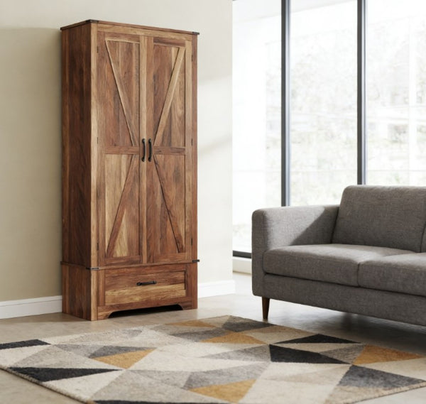 English Elm Kitchen Pantry Cabinet Tall Farmhouse Barn Door Storage with Adjustable Shelves Brown T3971P430946