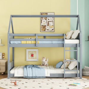 English Elm Twin Over Twin House-Style Bunk Bed With Safety Guardrails, Ladder & Durable Light Grey Finish W504P227934-GIGA